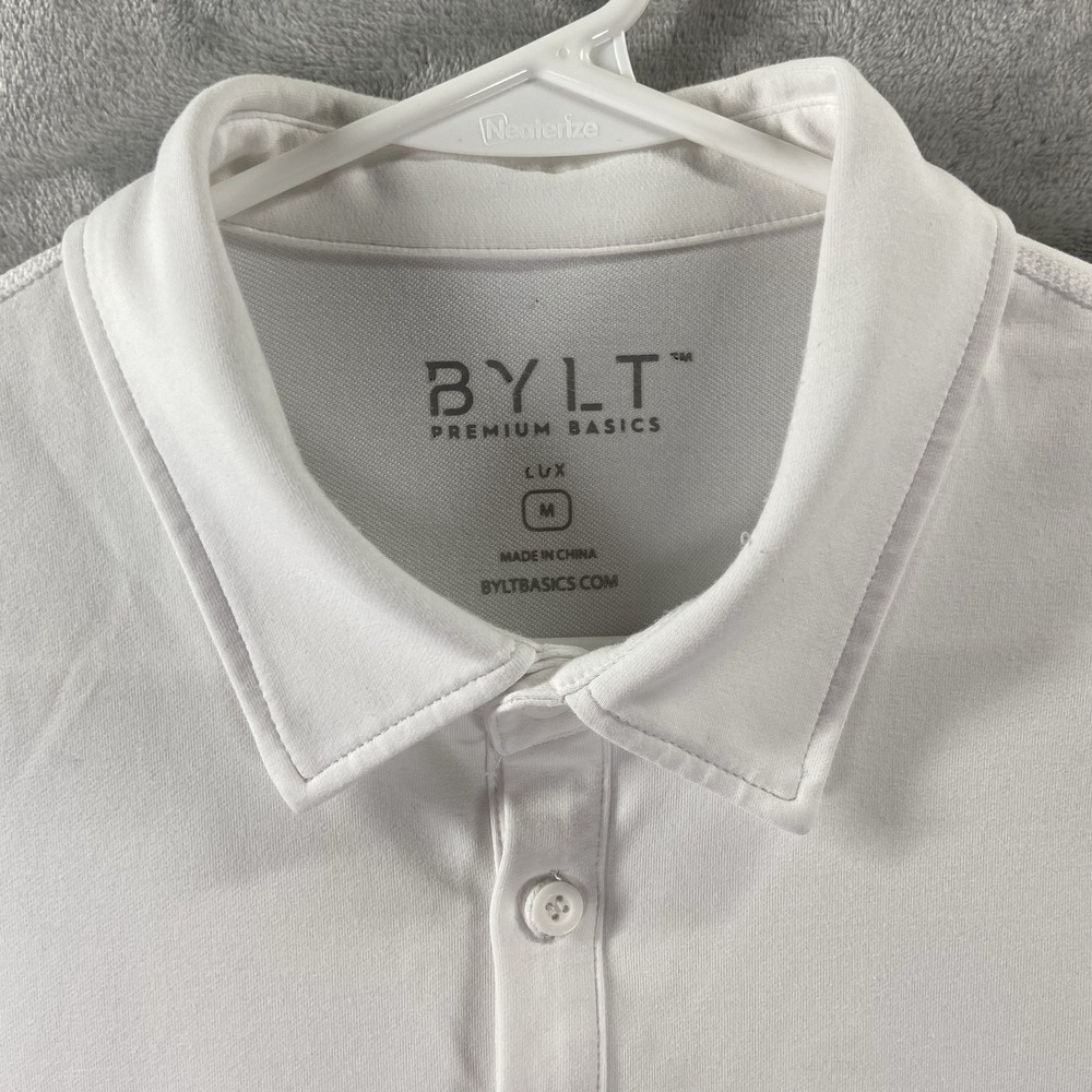 BYLT Shirt men's Medium Polo Long Sleeve Lux Drop Cut White Performance Pullover - Picture 4 of 12